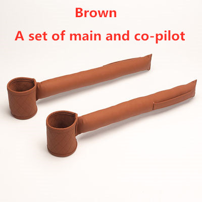 Leather car seat gap filler set, brown color, two long straps with cup holders
