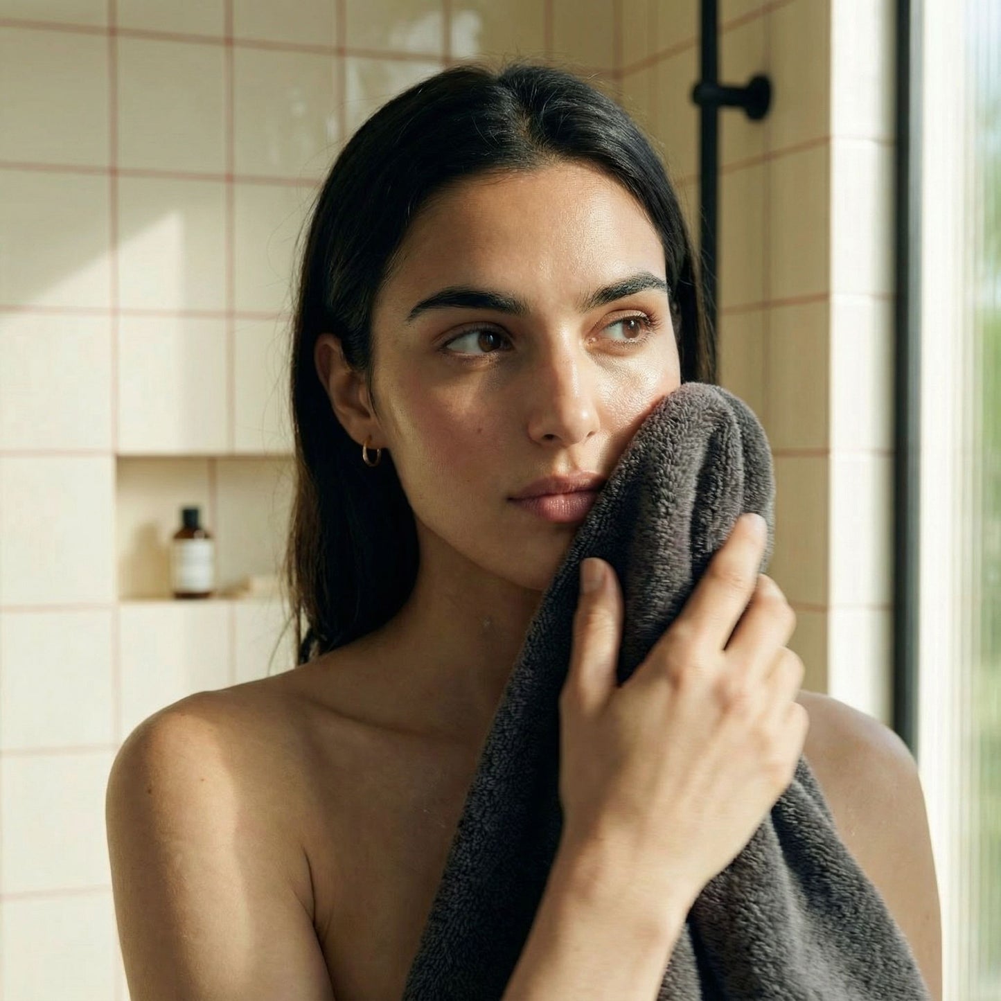 Australian cotton towel in dark gray, held to the face and neck