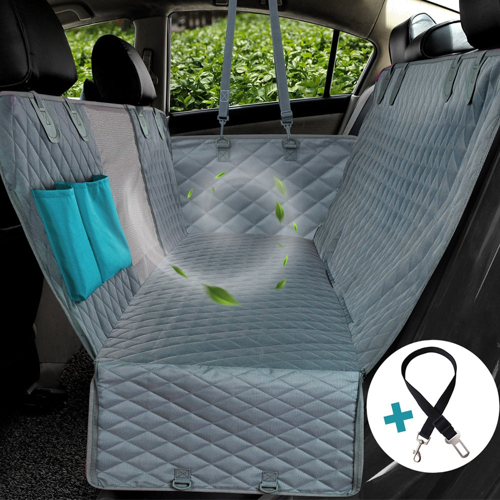 Grey quilted dog car seat cover with side pocket and adjustable securing straps