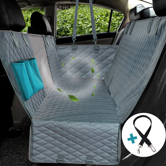 Grey quilted dog car seat cover with side pocket and adjustable securing straps