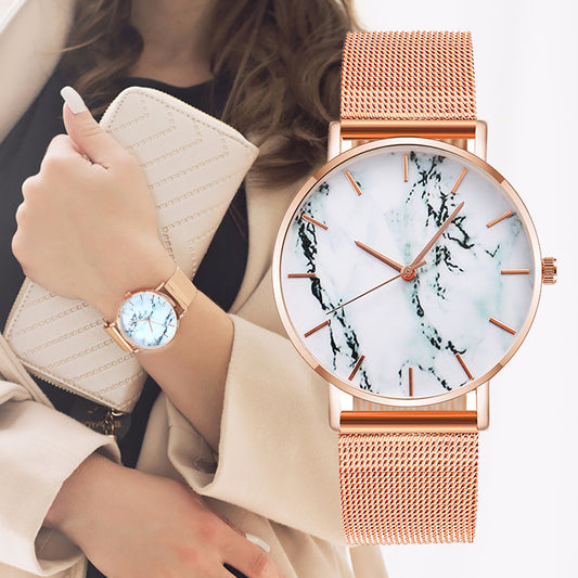 Women’s rose-gold mesh band quartz watch, white marble dial, rose-gold hands