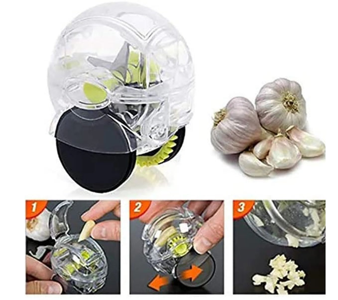 Rolling garlic chopper kit with clear roller, black base, and included garlic cloves
