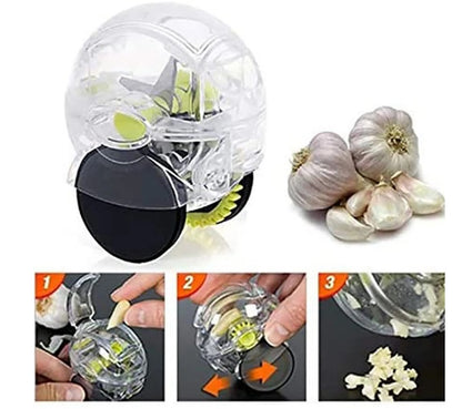 Rolling garlic chopper kit with clear roller, black base, and included garlic cloves