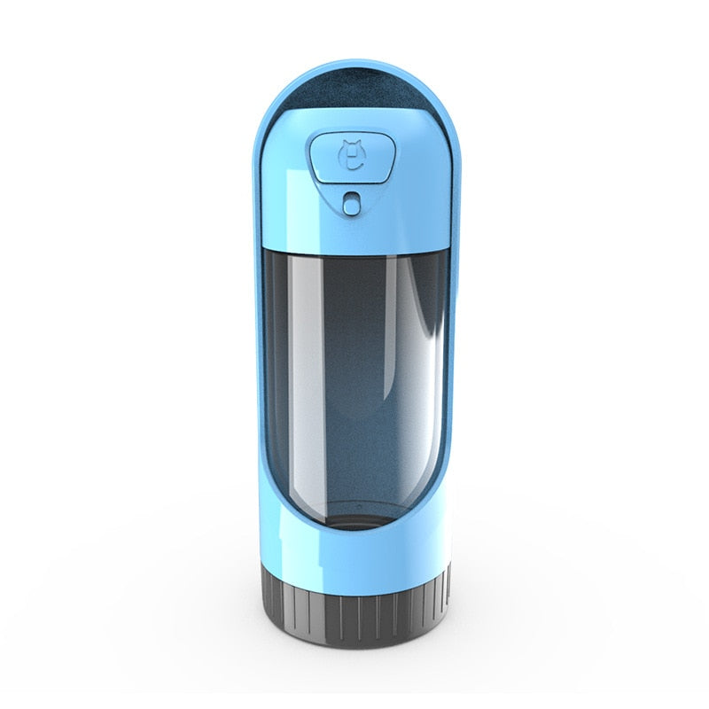 Portable dog water bottle in blue with flip-top lid and built-in drinking spout