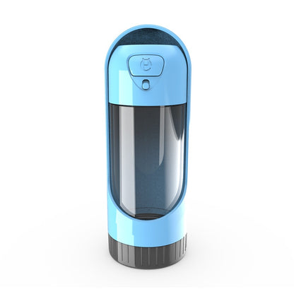 Portable dog water bottle in blue with flip-top lid and built-in drinking spout