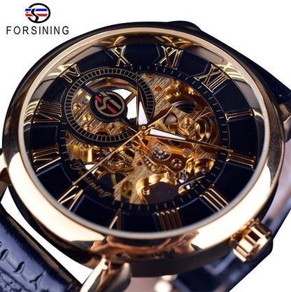 Men's skeleton watch with dark blue dial, gold-tone accents, black leather strap