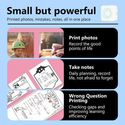 Mini portable thermal sticker printer showing photo, note, and wrong-print samples