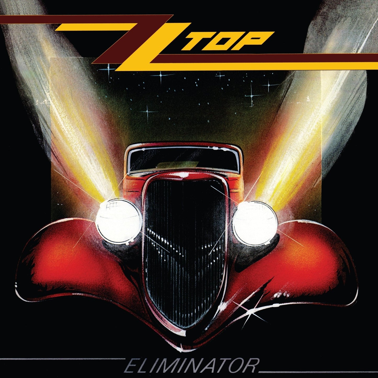 Album cover art with ZZ Top logo, red car grille, and yellow energy rays